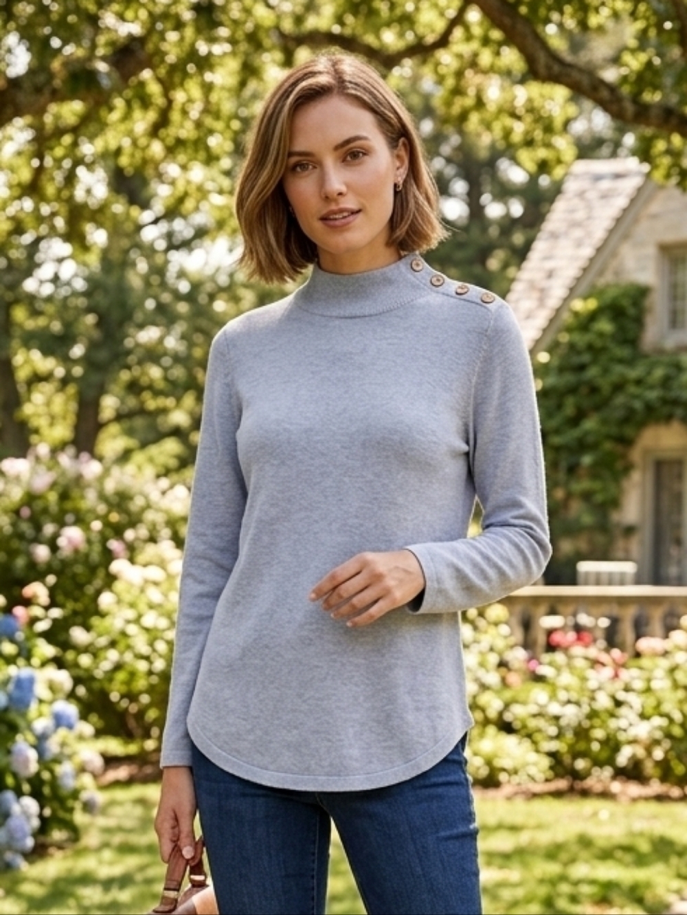 Jeanne Pierre Women's Preppy Minimalist Blue Mock Neck Knit Sweater Size Large